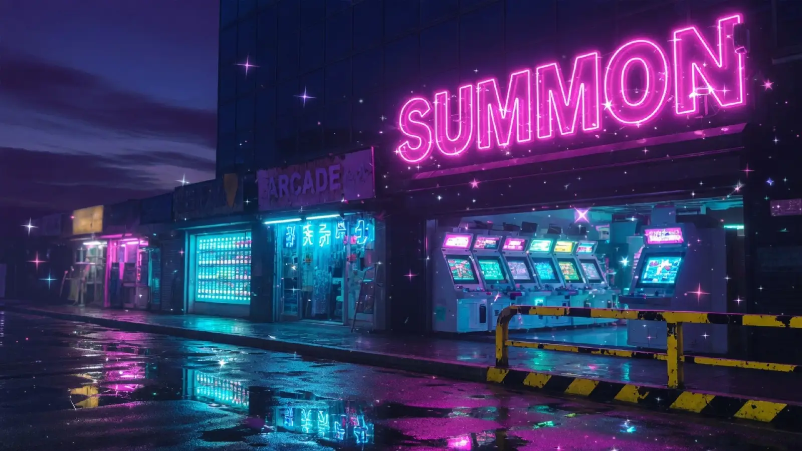 Neon night street used as the Anime Galaxies guide backdrop